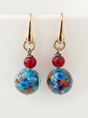 NWT Murano Glass Blue Multicolor and Red Bead 18K Gold Hook Earrings